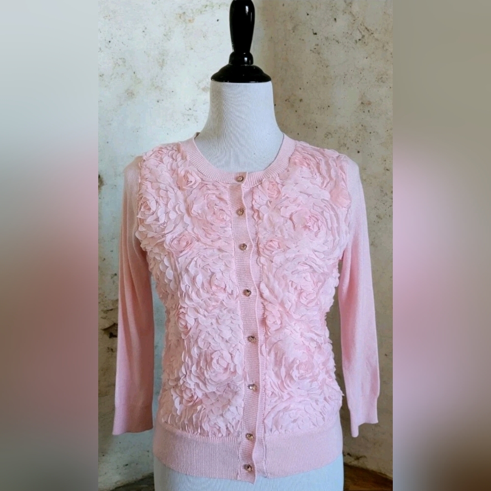 New York & Co Pink Balletcore 3D Textured Rose Petal Embellished Cardigan XS